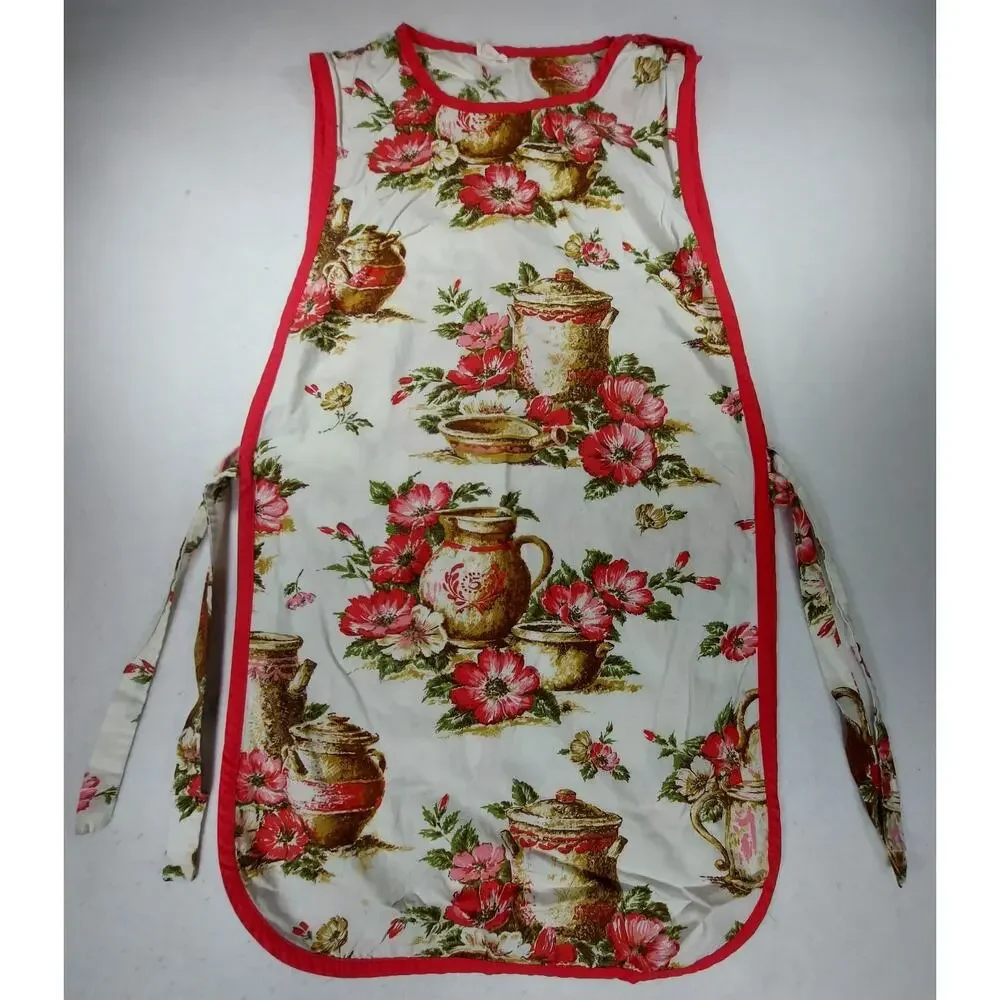 Vtg 1950s 1960s Carmen Lee Smock Apron Full Bib Cottagecore Pitcher Floral Red